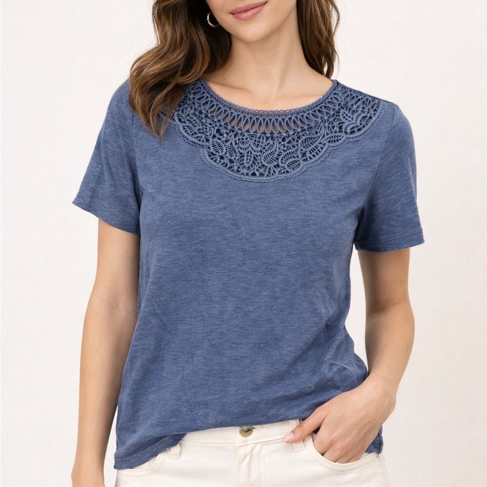 Sézane Lace Trim Knit Top Blue Short Sleeve Parisian Tee Size Small NWT